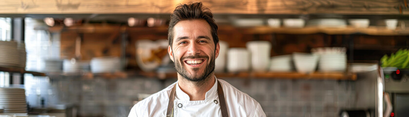 Obraz premium A smiling man in a chef's uniform stands in front of a kitchen counter with plat