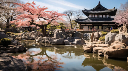 Obraz premium Serene Japanese Garden with Cherry Blossoms and Reflection