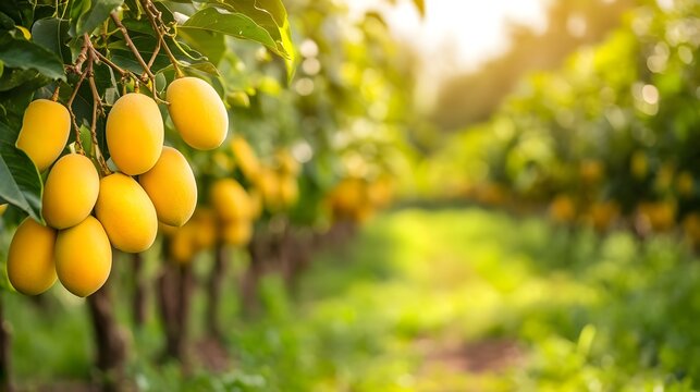 Lush verdant mango plantation with clusters of ripe golden yellow mangoes hanging from the branches The scene depicts a thriving sustainable agricultural landscape full of natural abundance - Powered by Adobe
