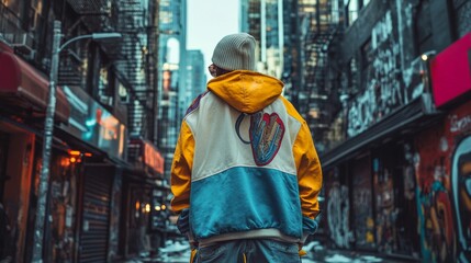 Person in colorful jacket and beanie, standing in an urban alleyway with graffiti-covered buildings, evokes a mood of urban exploration.