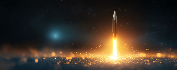 A majestic rocket soaring into the sky, leaving a trail of fire and sparks, symbolizing innovation and exploration.