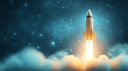 Naklejka premium A rocket launches into the starry sky, leaving a trail of flames and smoke, symbolizing exploration and innovation in aerospace.