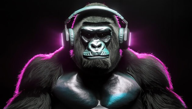 Large black gorilla smiling with black Headphones.