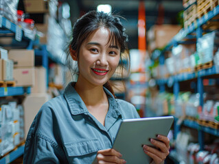 A woman is smiling and holding a tablet in a warehouse