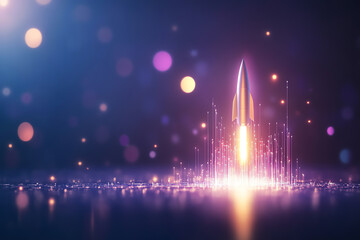 A stunning rocket launching into the cosmos, emitting vibrant light and energy against a backdrop of colorful bokeh effects.