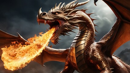 An image of legendary golden dragon breathing fire