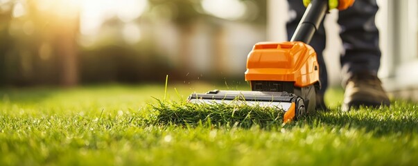 Close-up of grass being cut by an electric trimmer in a sunny backyard, highlighting the energy of outdoor work