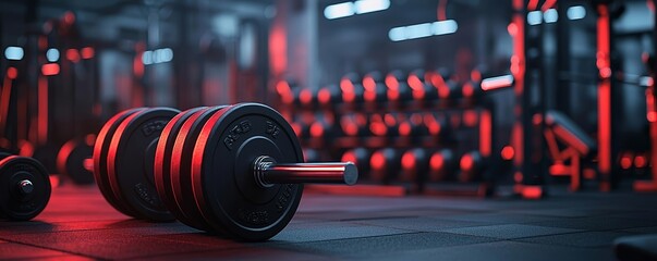 Dimly lit, futuristic gym with strong red lighting and shadows, showcasing the raw power of an empty weight room at night