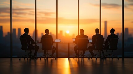 Office environment during a sunset meeting, showcasing teamwork and strategic planning with a city view in the background