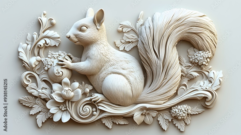 Poster 26. **a 3d render of a ceramic tile art featuring a charming squirrel with detailed textures and orn