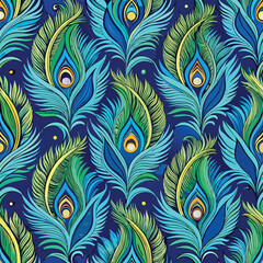 Fototapeta premium Peacock feather seamless design vector illustration – vibrant repeating pattern with elegant feather details in blue, green, and gold tones for fabric, wallpaper, stationery, and digital use