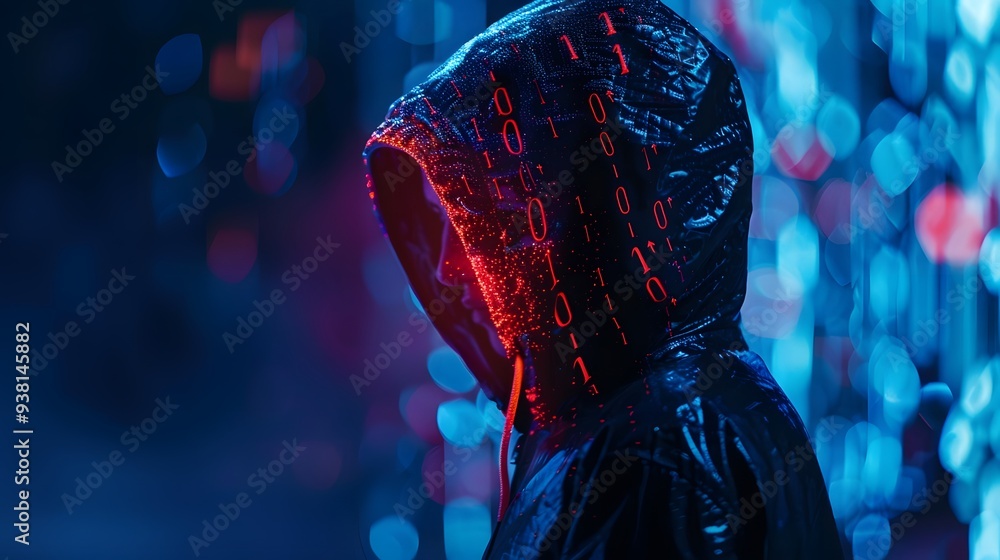 Poster digital portrait of a hacker with neon code projections from natural gas wrapping around their body