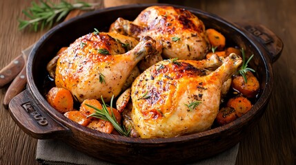 3 Juicy roasted chicken with crispy skin, golden brown, served with a side of glazed carrots and rosemary, rustic setting