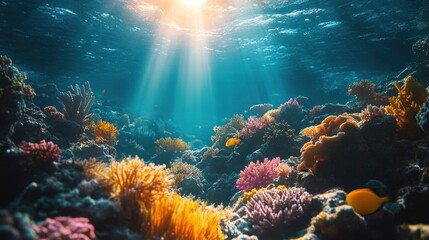 Naklejka premium Underwater Coral Reef with Sunbeams