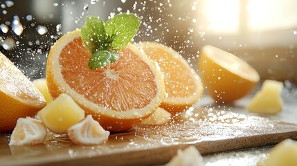 4 Juicy citrus fruits being sliced open, droplets of juice spraying, bright and fresh, colorful and...