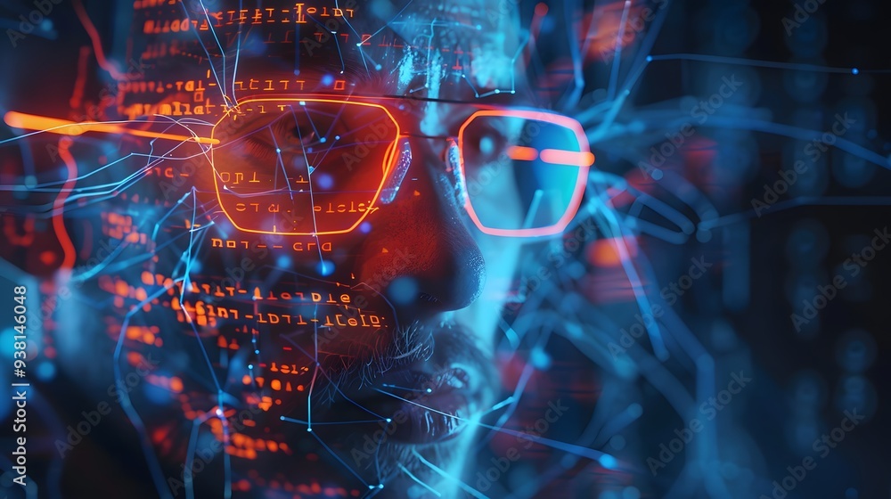Aufkleber digital portrait of a hacker with neon code projections from natural gas forming a protective aura