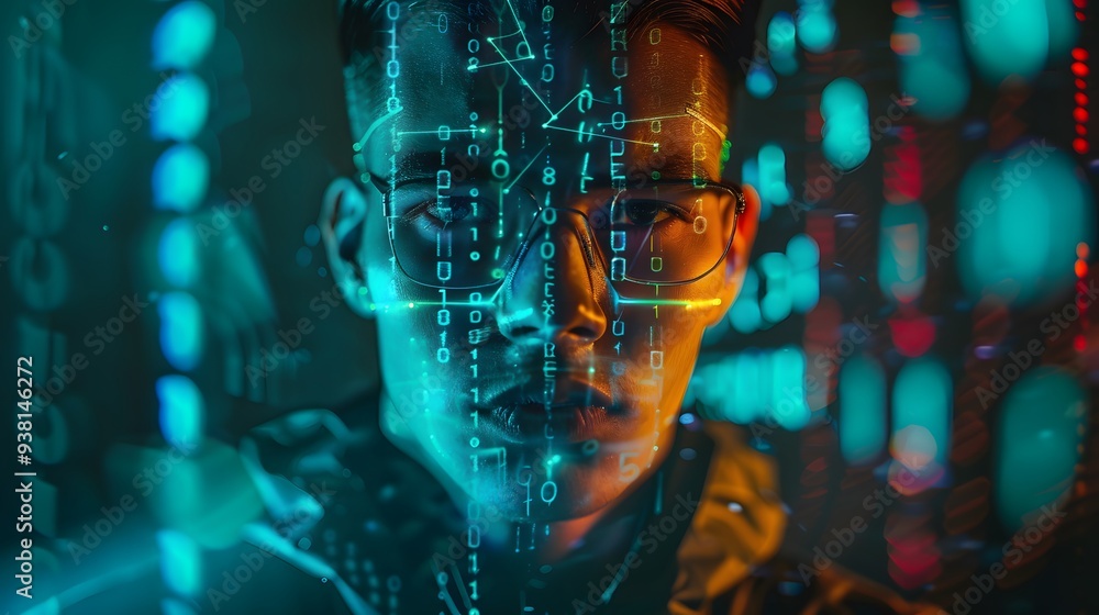 Aufkleber digital portrait of a hacker with neon code projections from natural gas forming a protective aura