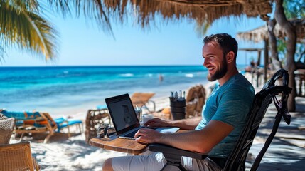 Man working on laptop at tropical beach, enjoying remote work. Ocean view, summer vacation, and beautiful sunny day.