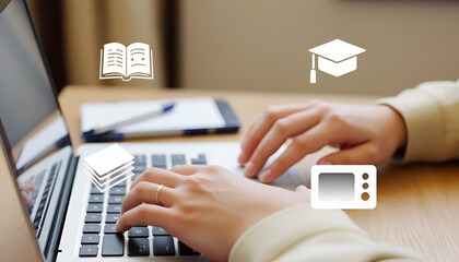 A person's hands typing on a laptop keyboard, with various education-related icons overlaid on the image, including a book, a graduation cap, and a video player