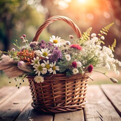 Flowers bouquet in wicker basket, natural green background.Flower basket on table in garden, spring, summer season image. 