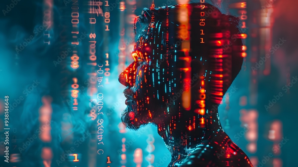 Poster digital portrait of a hacker with neon code projections from natural gas cascading down their body