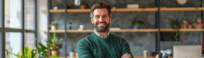 Fototapeta premium A man is smiling and standing in front of a shelf with a plant on it