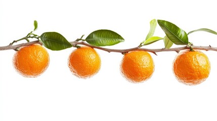 A branch with four ripe mandarins and green leaves on a white background.