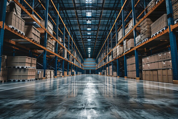 A digitalized warehouse with advanced technology and automated systems, featuring organized storage racks and digital interfaces for efficient inventory management and operations.