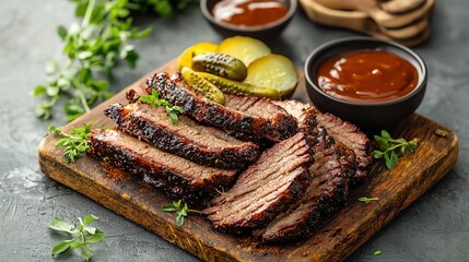 33 Juicy brisket slices, perfectly smoked, served with a side of pickles and barbecue sauce