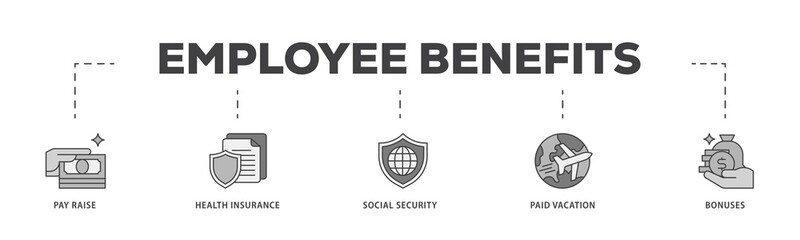 Employee benefits icon infographic illustration concept with icon of pay raise, health insurance, social security, paid vacation and bonuses icon png and easy to edit 