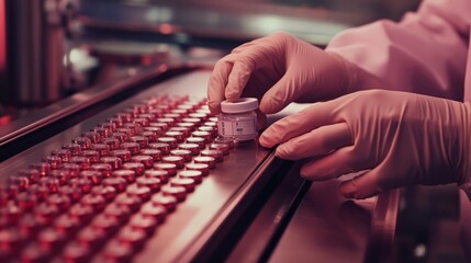 Lab technician handling containers on an assembly line, showcasing precision and care. Ideal for medical and pharmaceutical themes.