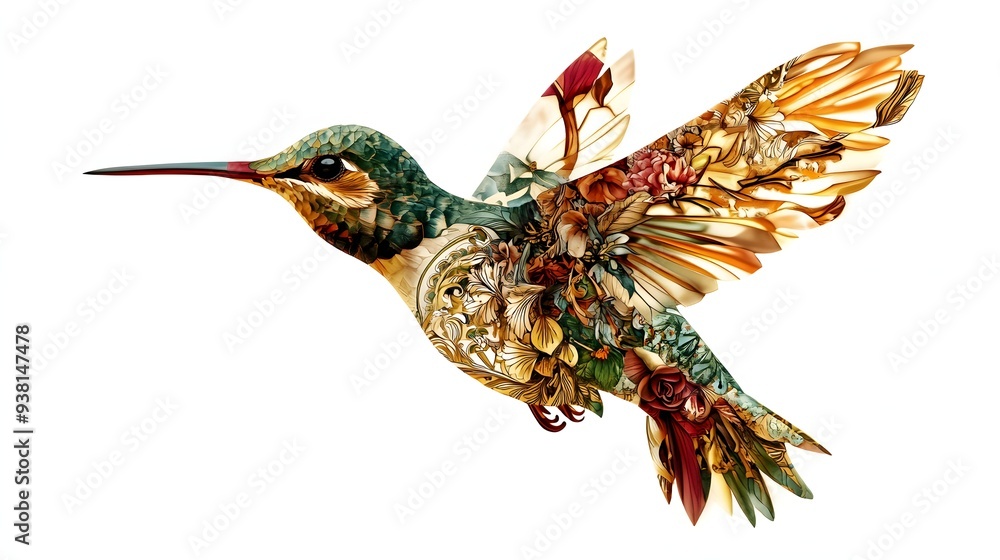 Poster 16. **a realistic 3d render of a ceramic tile art featuring a detailed hummingbird in flight with or