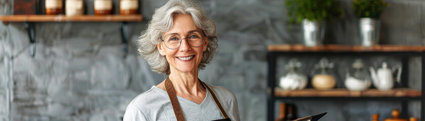 Fototapeta premium A woman with glasses and apron standing in a kitchen