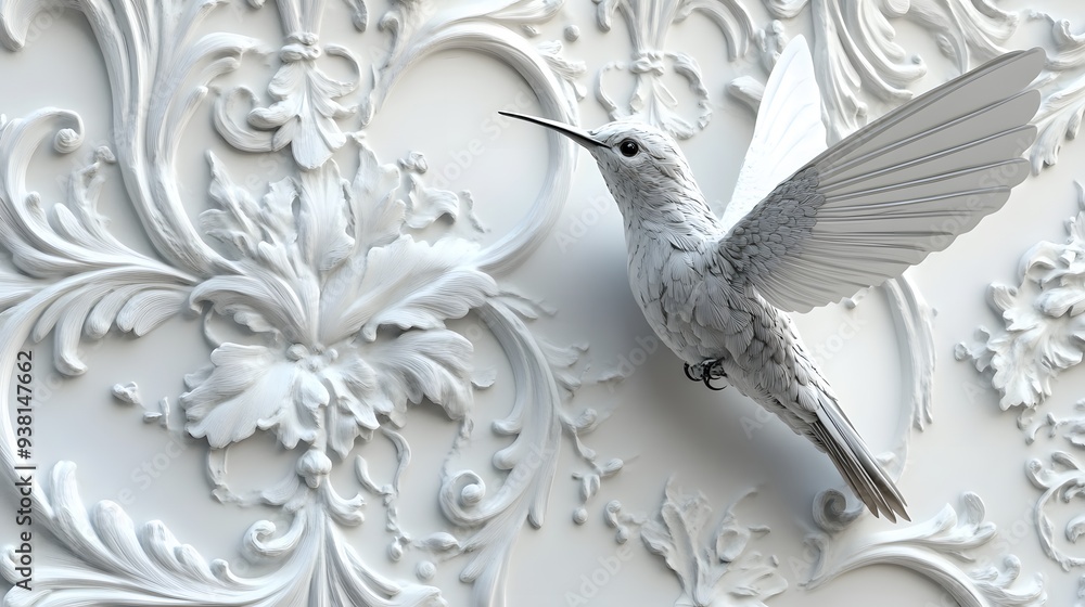 Poster 16. **a realistic 3d render of a ceramic tile art featuring a detailed hummingbird in flight with or