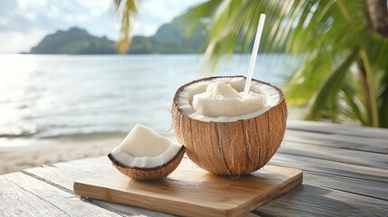 45 Juicy coconut with a straw, fresh from the tree, tropical vibes, refreshing and hydrating