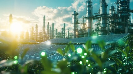 Industrial factory with smokestacks in the background, green plants in the foreground, representing sustainability and clean energy.
