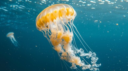 Transparent jellyfish drifting gracefully in the deep blue ocean.