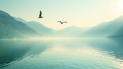 Two birds flying over a serene lake with mountains in the distance.