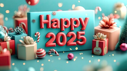 Vibrant 3D "Happy 2025" text surrounded by festive holiday decorations and gift boxes on a cool blue background, celebrating the new year.