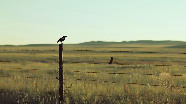 Two birds perched on a fence post in a wide open meadow under a clear sky.
