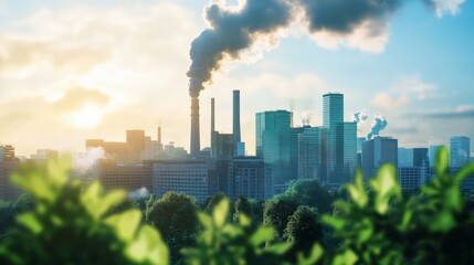 Fototapeta premium Industrial cityscape with factories emitting smoke into the atmosphere, contrasted with green foliage in the foreground during sunrise.