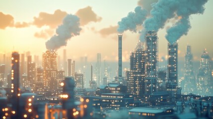 Fototapeta premium Industrial cityscape with factories emitting smoke at sunset, showcasing pollution and urban environment.