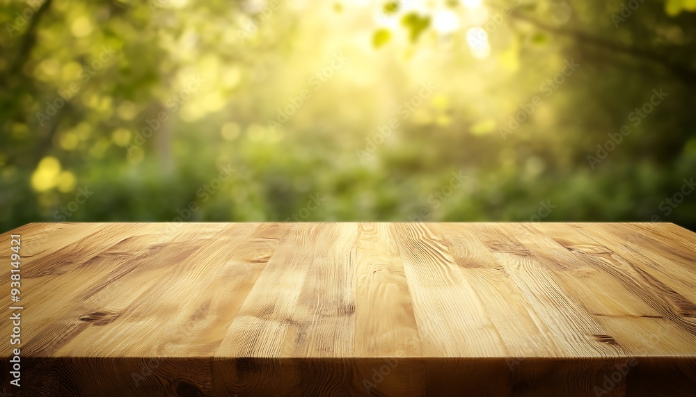 Aufkleber smooth oak wood tabletop with soft yellow and green background in daylight