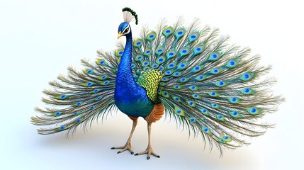 21. **A realistic 3D render of a ceramic tile art featuring a proud peacock with vibrant, detailed feathers, isolated on a white background