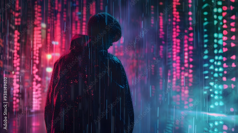 Poster futuristic hacker with neon code projections from natural gas cascading down like digital rain