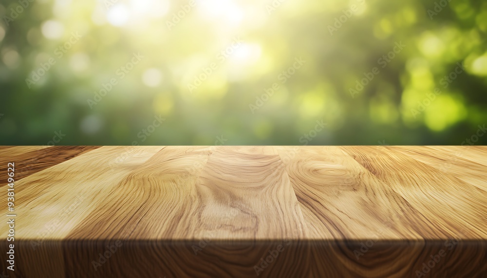 Aufkleber smooth oak wood tabletop with soft yellow and green background in daylight