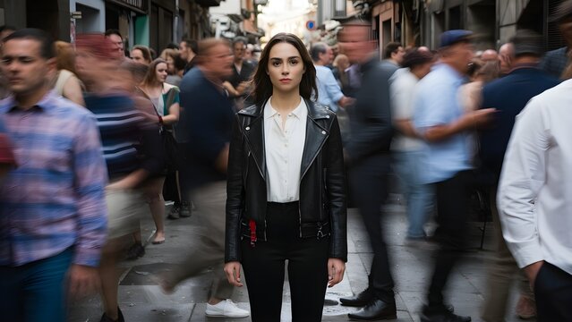 Woman in a crowd, busy street photo, people motion blur, person in urban society