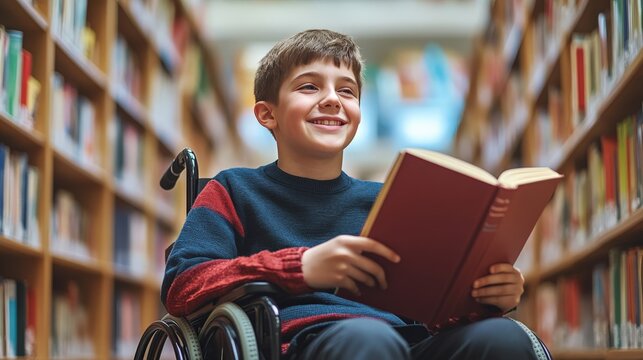 Happy boy in a wheelchair reading a book in the library. Education, inclusion, and accessibility concept.