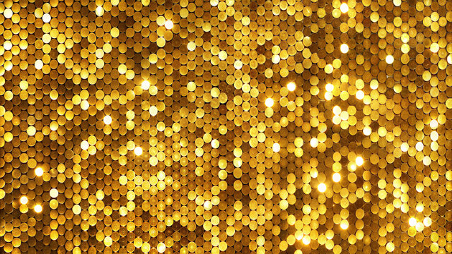 Shimmering golden sequins texture in luxurious style for glamorous backgrounds