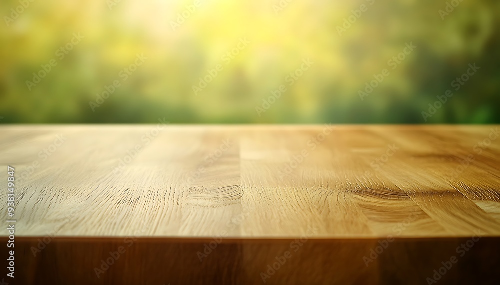 Aufkleber smooth oak wood tabletop with soft yellow and green background in daylight